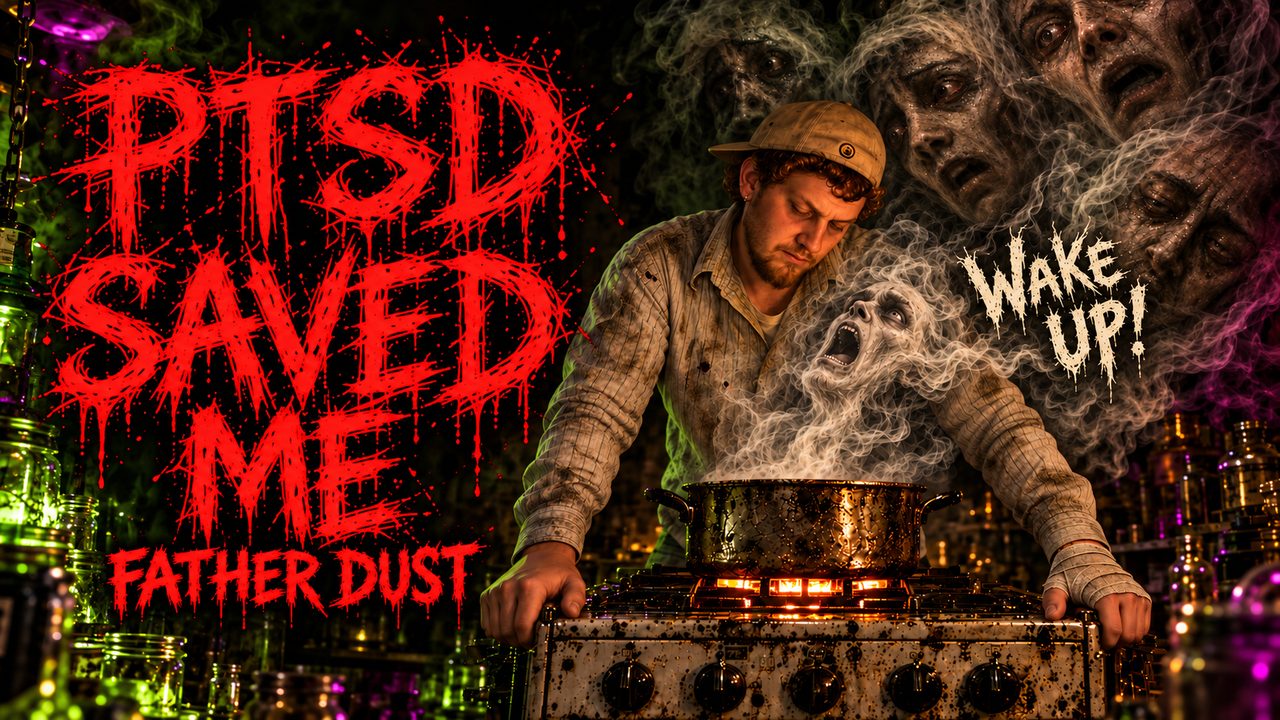 PTSD Saved Me artwork: a nodding figure with a bandaged hand and dirty sleeves over a stove, smoke faces rising from the pot